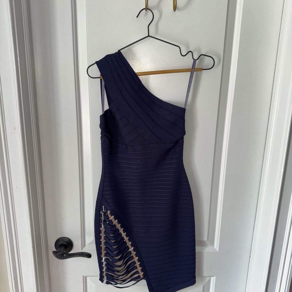 Herve Leger One-Shoulder Navy Blue Bandage Dress with Tan Lace-Up Detail